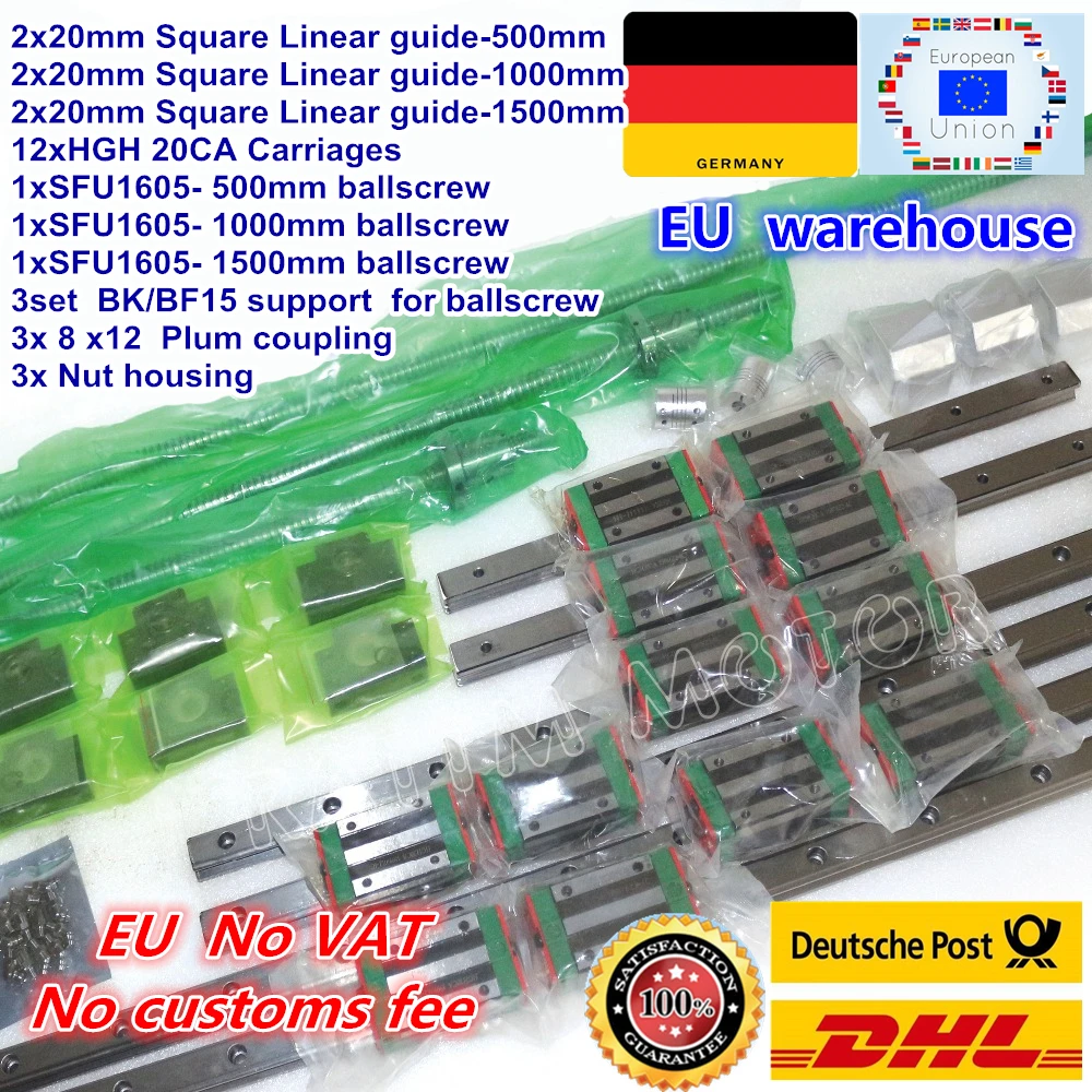 

3sets Square Linear guide CNC Kit L-500/1000/1500mm & 3pcs Ballscrew SFU1605-500/1000/1500mm with Nut & 3set BK/B12 & Coupling