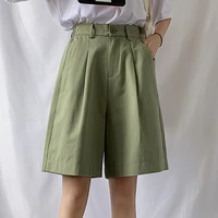 limiguyue women bermuda shorts cotton cargo high waist wide leg front pleats plus size female loose casual outfit bottoms k1078