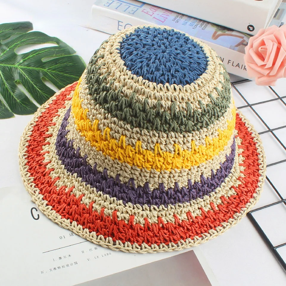 

2021 summer Women's bucket hat Straw made rainbow Crochet foldable parent-child Panama hats children female beach sun visor Cap