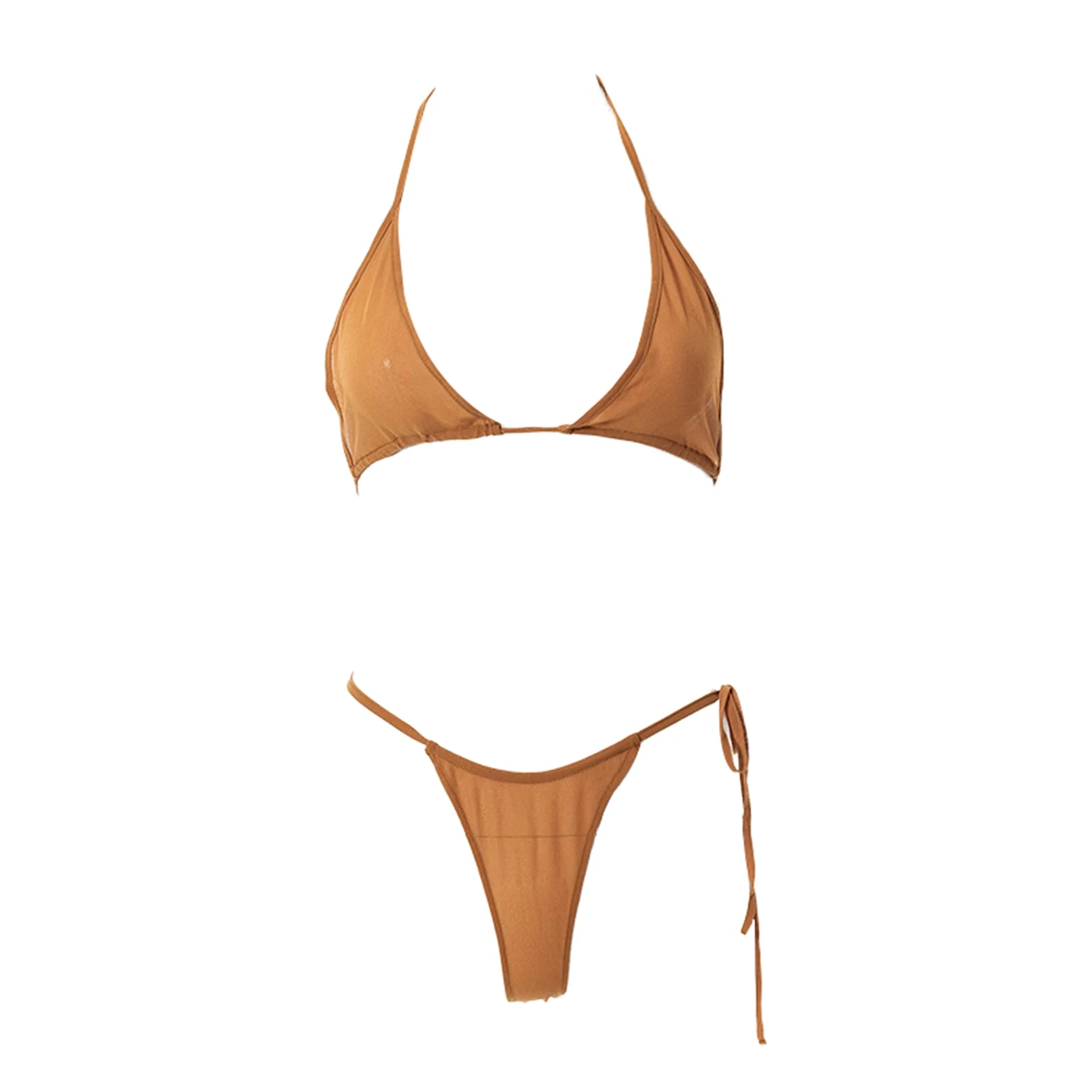 

3Pcs Ladies Sexy Beachwear Suit, Summer Women Solid Color Hanging Neck Tie Up Split Swimwear + Overskirt for Holiday Vacation