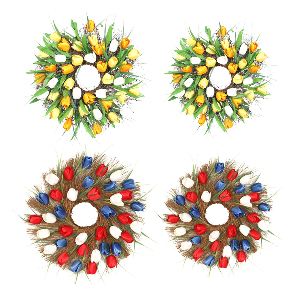 

Round Simulation Tulip Wreath Long Leaf Garland Wall Hanging Front Door Wreath Home Decor Round Festival Celebration Garlands