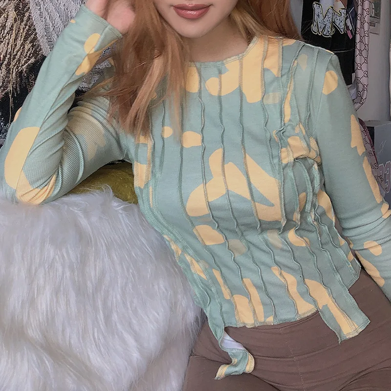 

Women T Shirt Patchwork Y2k Tops Print Long Sleeve O Neck Slim Streetwear Tees 2021 Autumn Lady Fashion Striped Outfits New