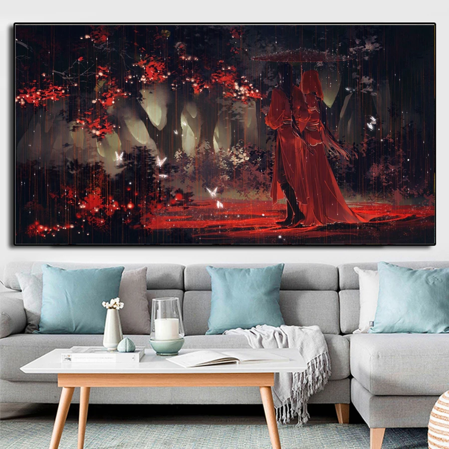 Картина "Тиан Гуань Ци Фу" в технике Алмазная вышивка крестиком полный квадрат/круг, размером 100x50 см, с изображением красного зонта и влюбленных.