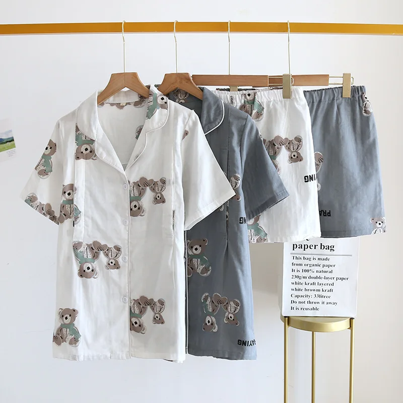 

Summer Short-sleeved Casual Pajamas Women's Autumn Pure Cotton Gauze Confinement Clothing Thin Lapel Cartoon Print Home Service
