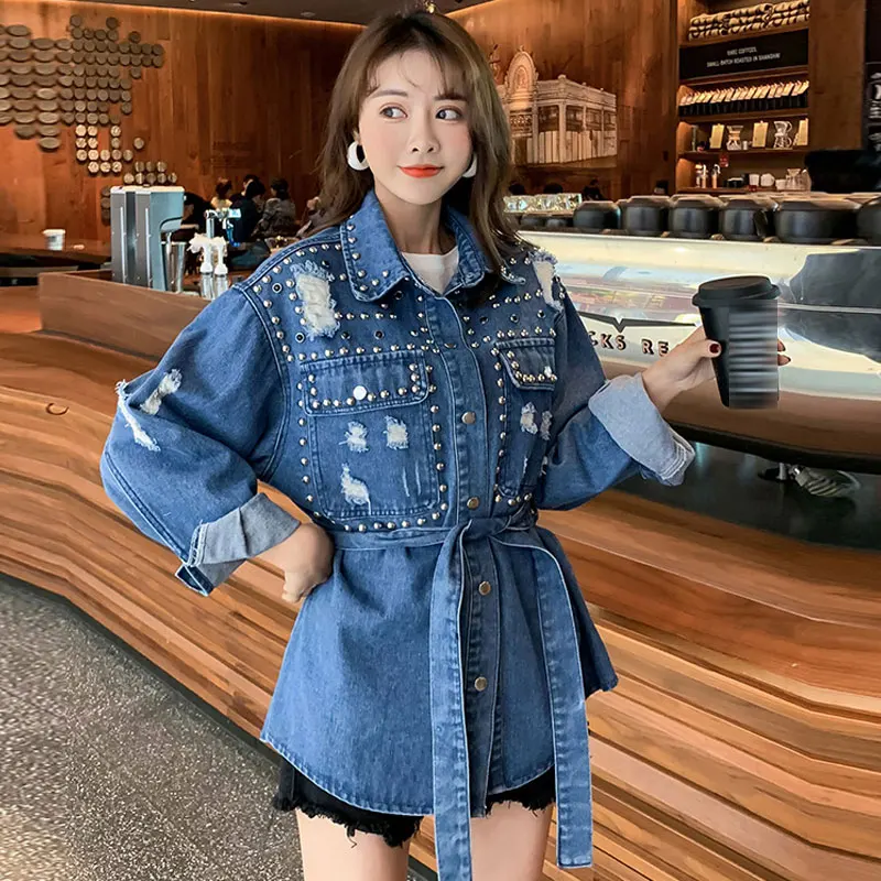 Женская куртка и пальто Весенняя Повседневная джинсовая с бусинами ремнем