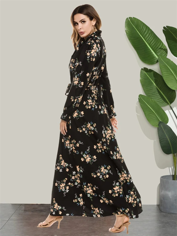 

KALENMOS New Muslim Dress Elegant Bow Sash Long Sleeve Maxi Dresses Autumn 2020 Women Black Empire Belted Floral Arabic Clothes