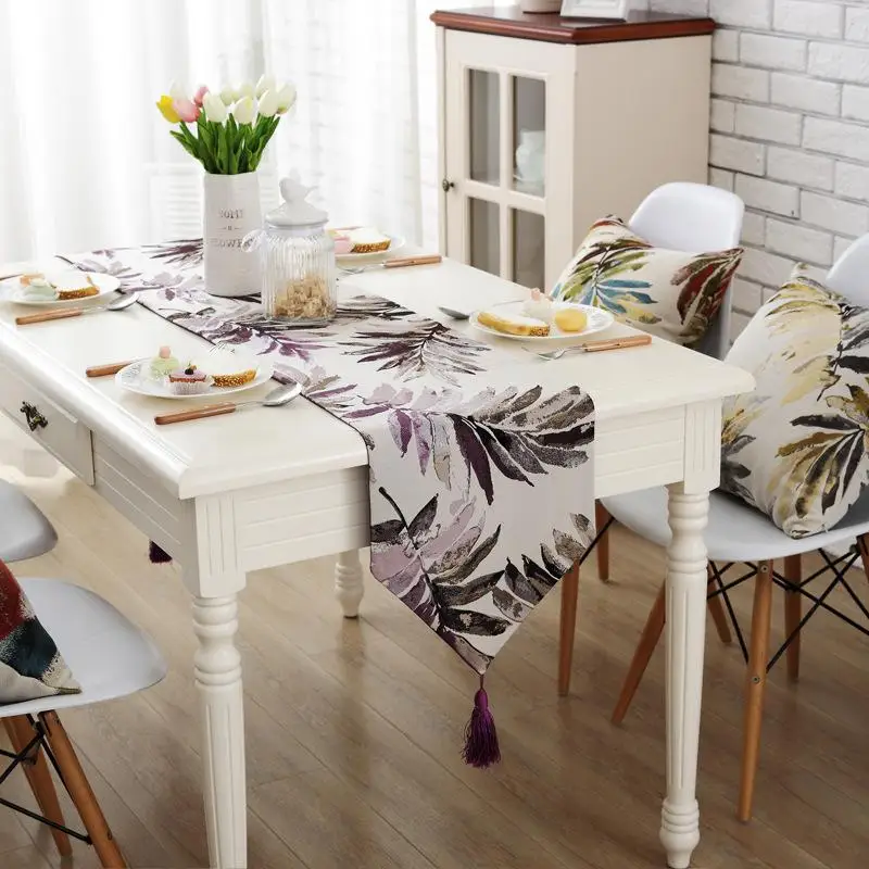 

40 Fashion Modern Table Runner Colorful Leaves Nylon Jacquard Runner Table Cloth With Tassels Printed Table Runner Cushion Cover