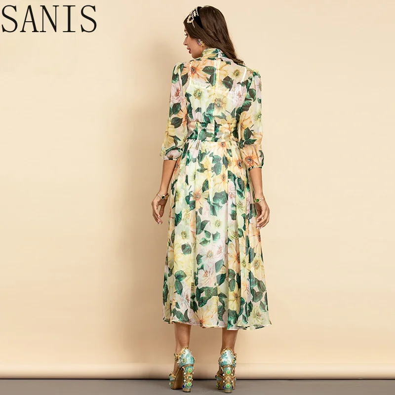 

Sanis 2021 Summer Fashion Runway Vacation Chiffon Dress Women Bow Collar Floral Print Holiday Party Elegant Midi Dress