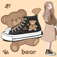 amy and michael womens autumn shoes female students cute anime cartoon bears canvas sneakers flat black casual vulcanized shoes