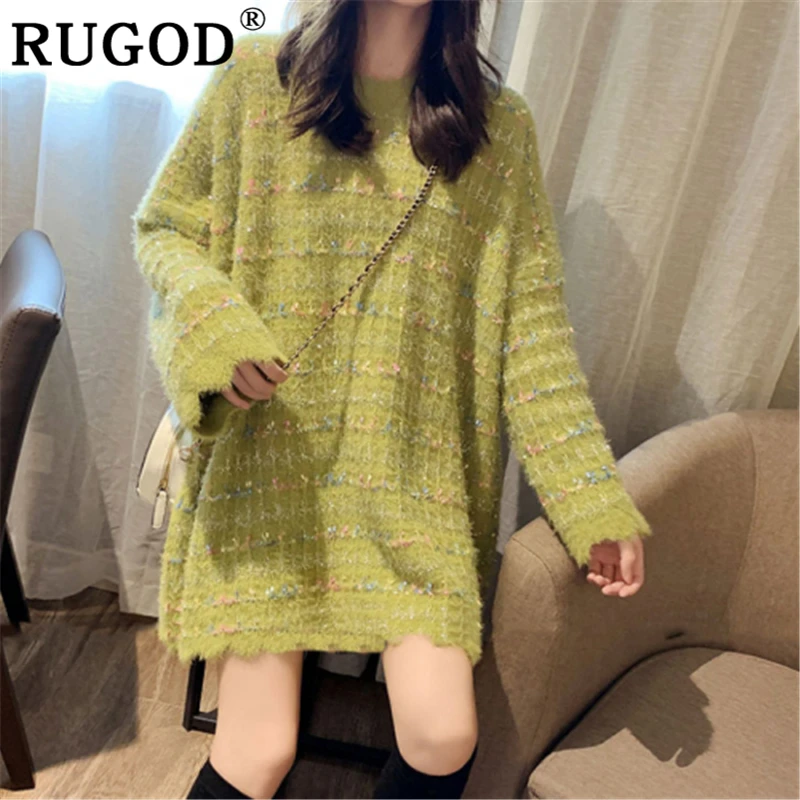 Женский вязаный свитер RUGOD элегантный свободный средней длины с круглым вырезом