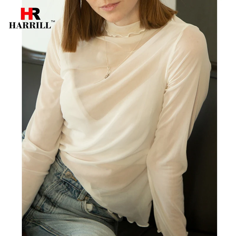 

Street Perspective Solid Color T-Shirt Women Clothes Turtleneck Long Sleeve White All-Match Bottoming Tee Top Thin Stretch Shirt