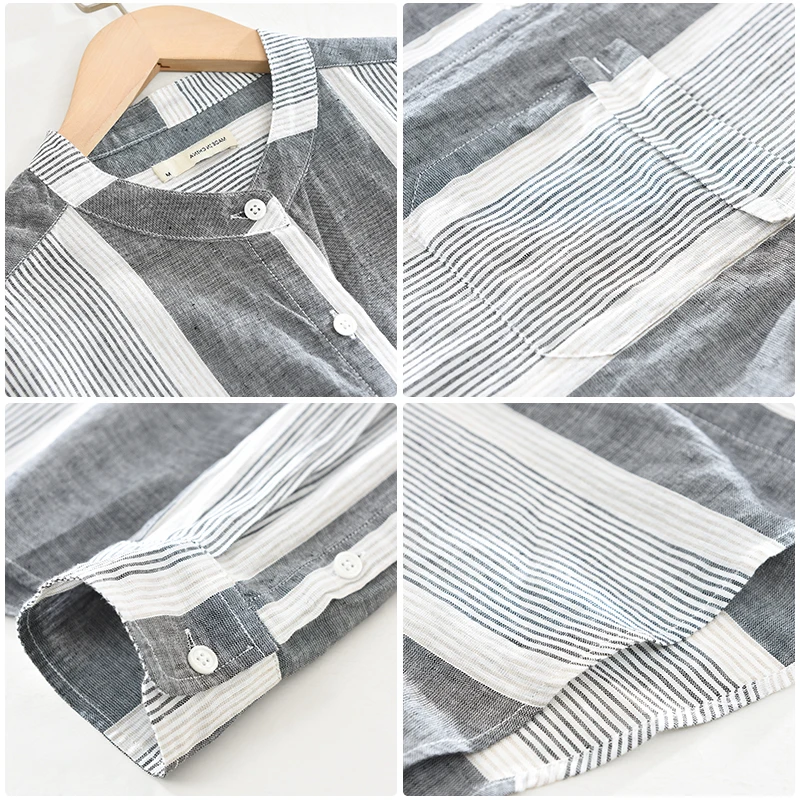 

New style long sleeve stand collar striped gray shirts men casual comfortable brand linen shirt for men chemise camisa tops mens