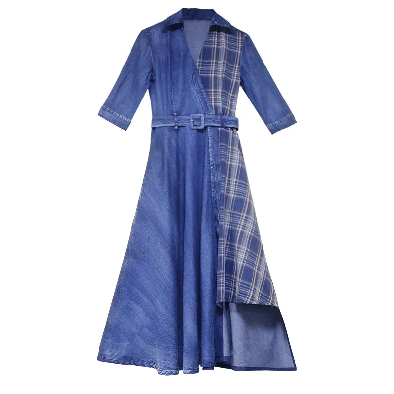 

Irregular Plaid Denim Patchwork Dresses for Women 2021 Spring New Elegant Vintage One Piece V-neck Silm Waist Vestido Feminino