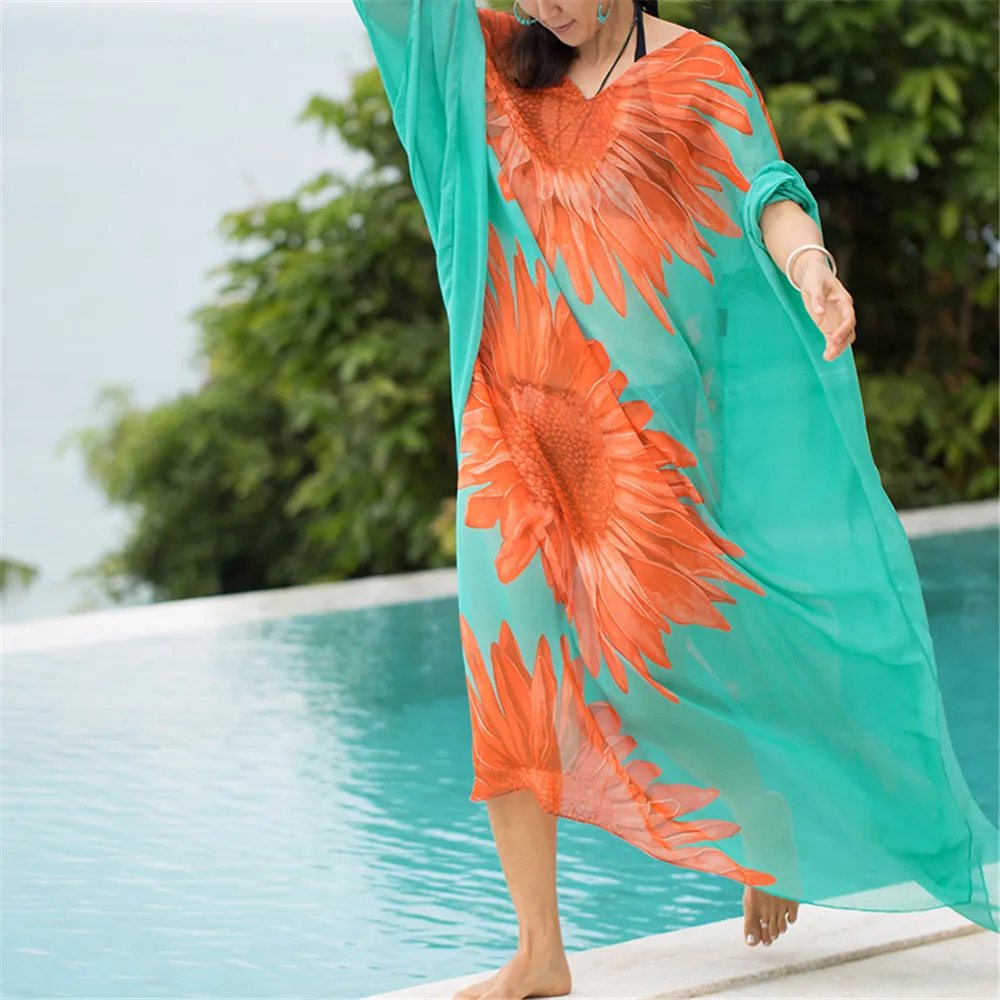 Шифоновый купальный костюм накидка размера плюс пляжное платье Парео с принтом