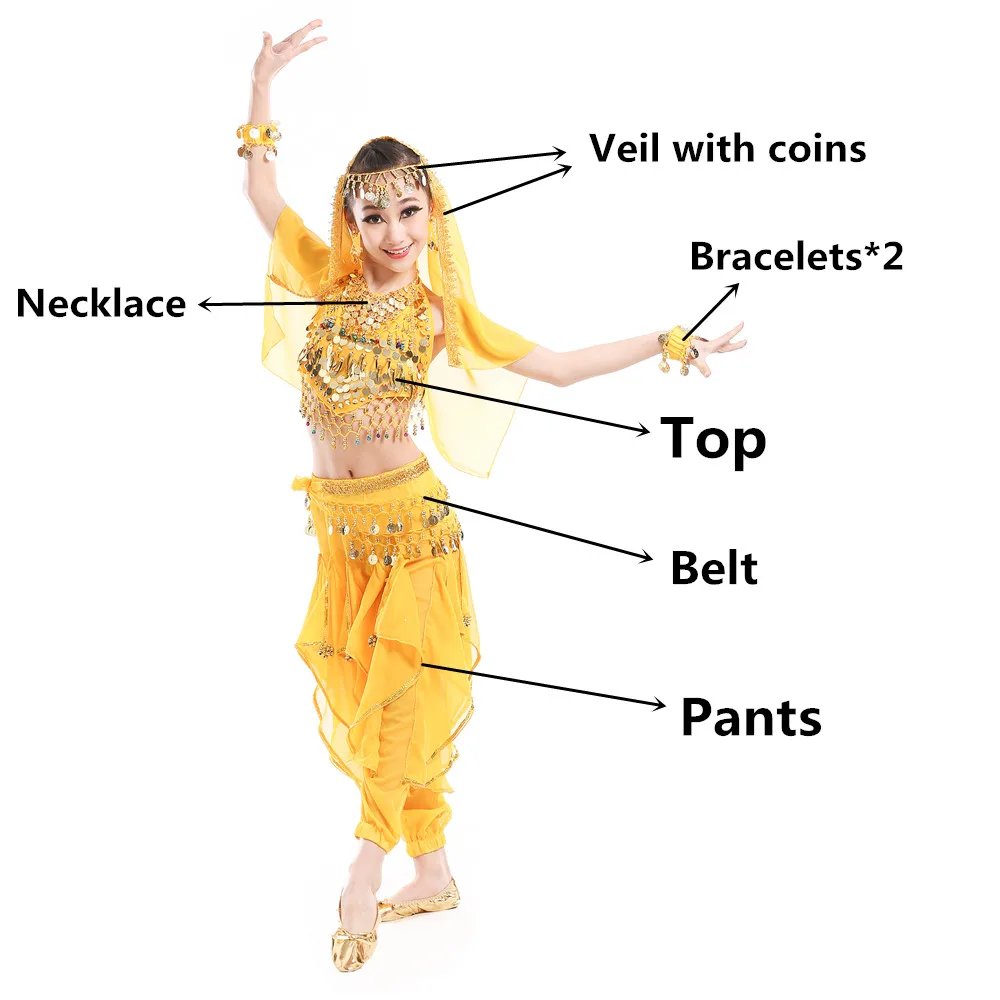 Yellow 7pcs Костюмы для танца живота, детские костюмы для восточных танцев живота, танцевальные костюмы для индийского танца живота, одежда для танца живота, детские индийские костюмы - Цвет: Yellow 7pcs