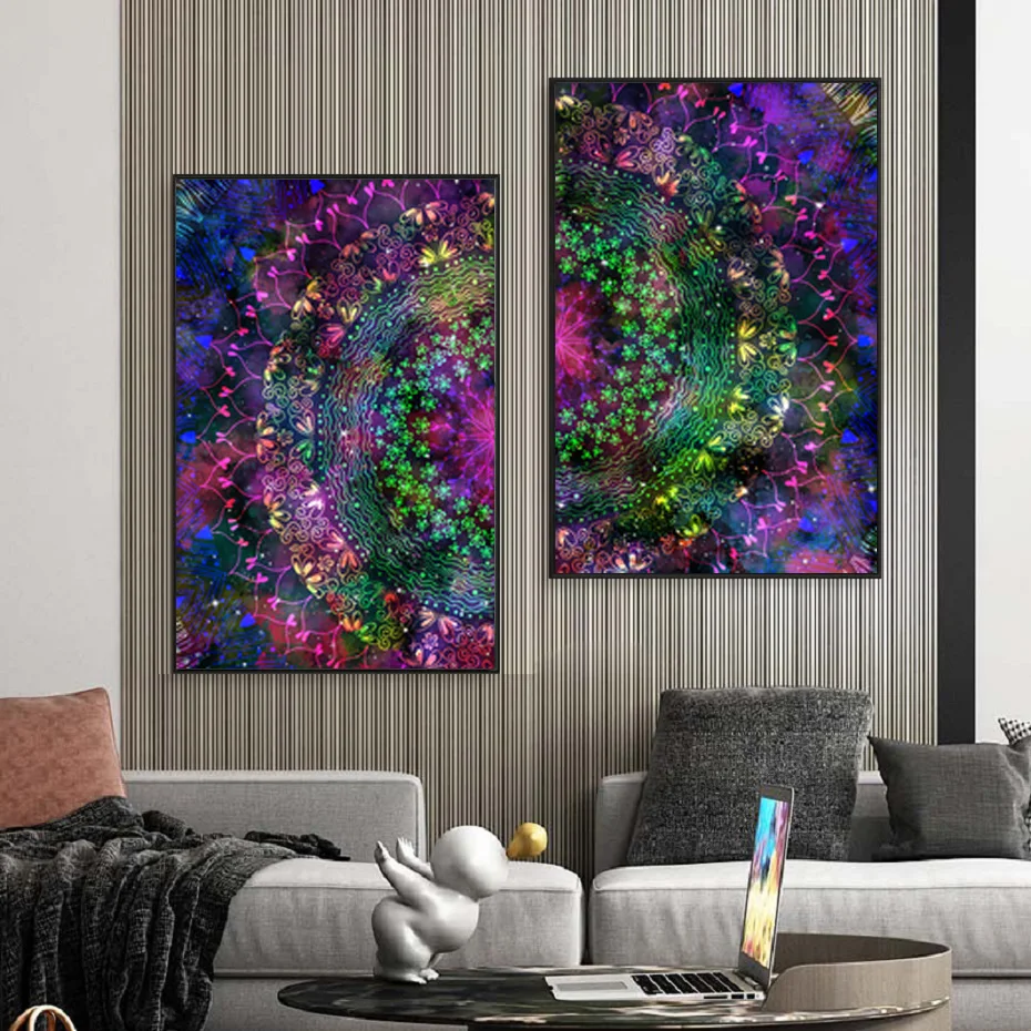 

Modern Abstract Mandala Purple Black Colorful Painting Bohemian Wall Art Canvas Print Poster Picture Canvas Living Room Home Dec