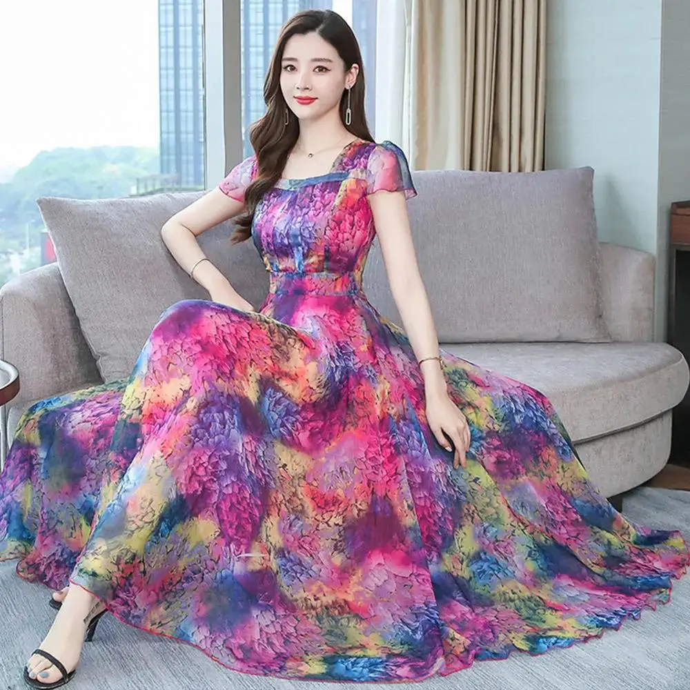

Breathable Chiffon Dress Female Summer Women's Clothing with Floral Printing Over-the-knee Long Skirt