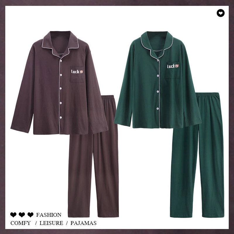 Spring and Autumn Cotton Pajamas Men Loose Large Yards Lapel Long-sleeved Sweet Pajamas Women Cotton Home Wear Couple Pajamas