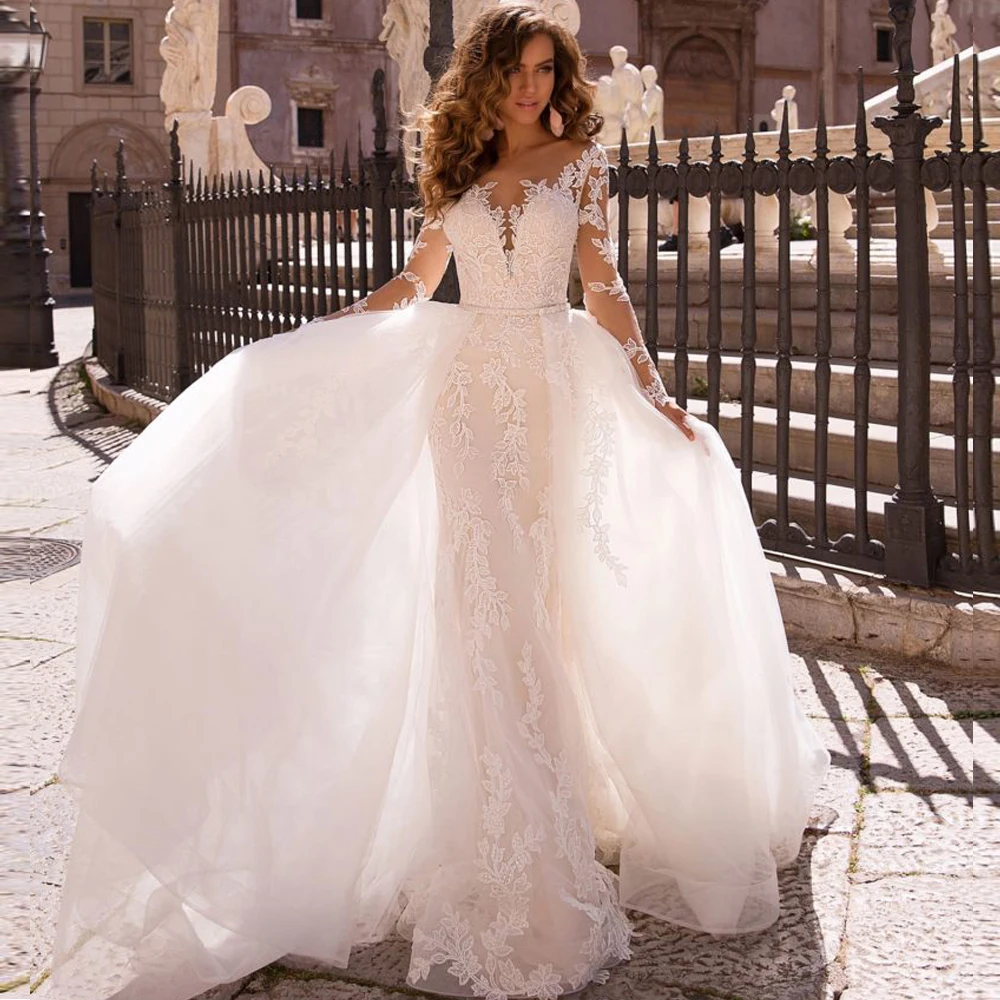 Роскошное Свадебное платье с юбкой годе из Дубая со съемным шлейфом и длинными