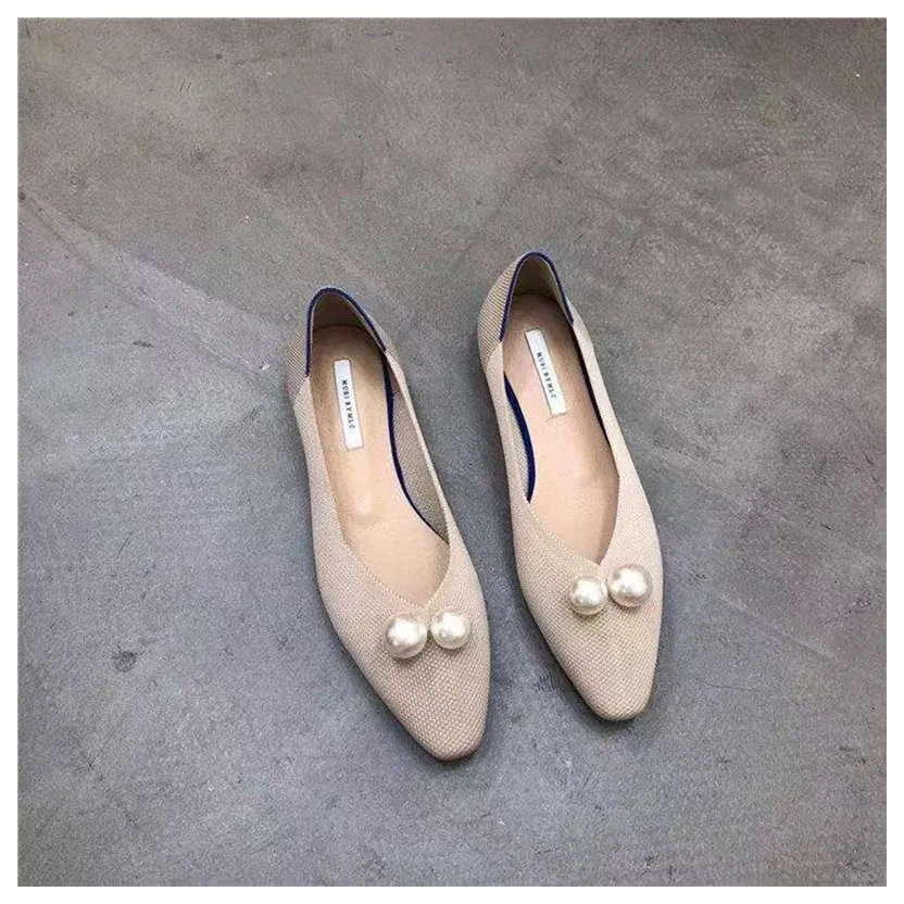 Beige Модные женские туфли повседневные туфли на плоской подошве Балетки Элитный бренд туфли острый носок балетки; женские лодочки; эластичные Вязание дамские туфли на плоской подошве - Цвет: Beige