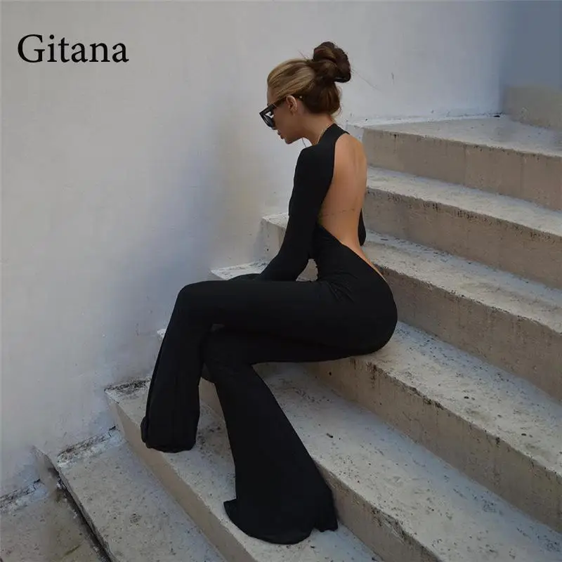 

Gitana 2021 Autumn Flared Jumpsuit Sexy Overalls for Women Backless Hollow Combinaison Femme Bodysuit Fashion Streetwear