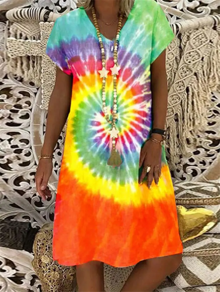 

short Sleeved V Neck Printed Loose Dress Women's Fashion Casual Vintage Spring summer All-match Plus Size Beach Dresses Vestidos