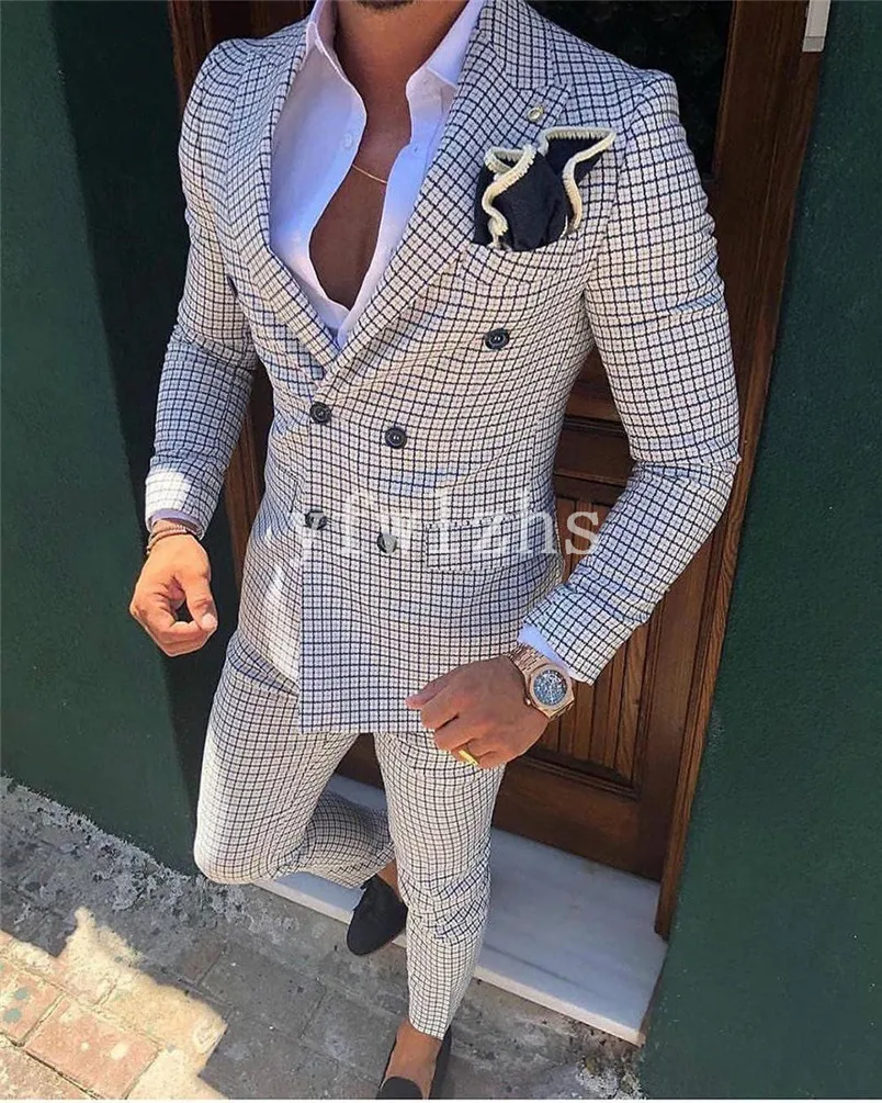 

Handsome Double-Breasted Groomsmen Peak Lapel Groom Tuxedos Mens Wedding Dress Man Blazer Prom Dinner (Jacket+Pants+Tie) A123