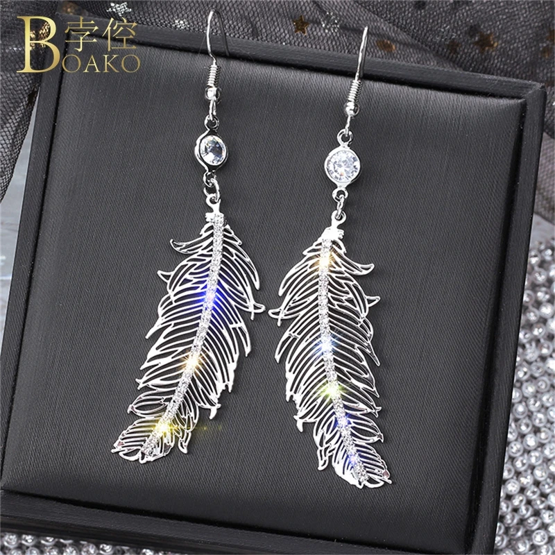 Длинные висячие серьги для женщин свадебные с перьями девушек сверкающие
