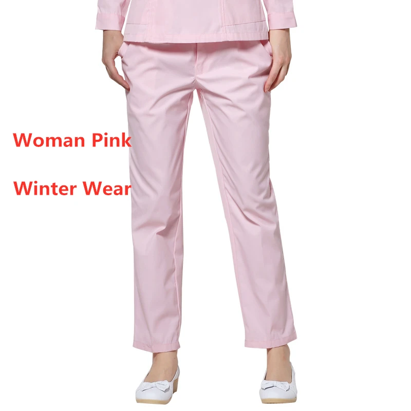 Woman Pink Winter Спецодежда медицинская Женская эластичная талия Больничная медсестра брюки хлопок зубные Скраб штаны для спа лето зима доктор уход низ - Цвет: Woman Pink Winter