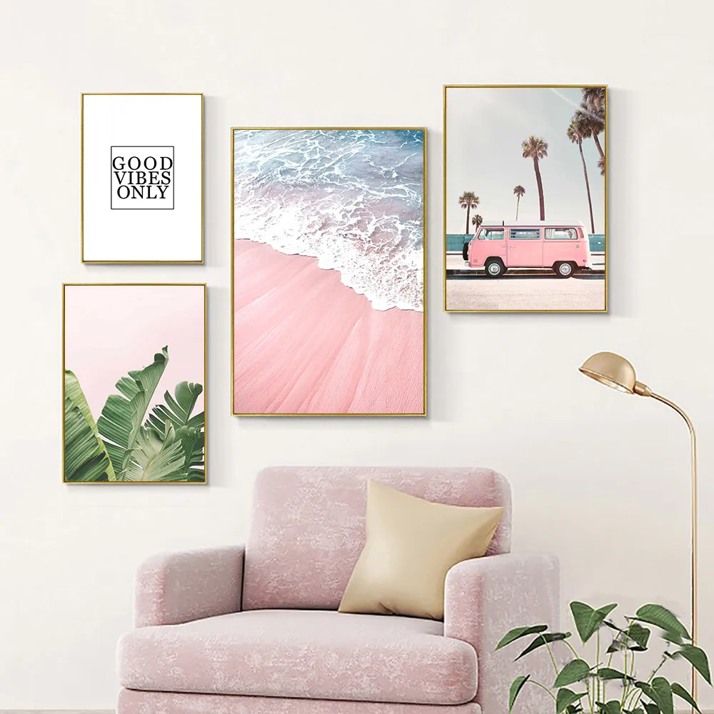 Абстрактные плакаты и принты розовые цветы зеленые растения пляж плакат печать