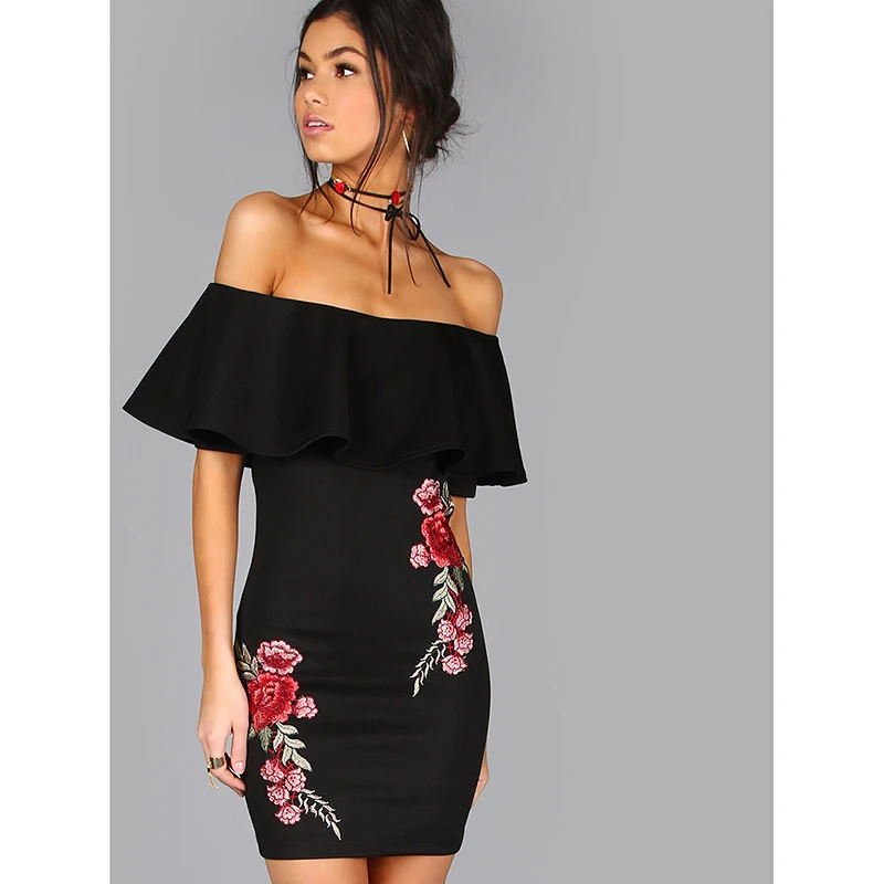 Summer Sexy Rose Embroidery Women Dress Butterfly Sleeve Slash Neck Pack Hip Dresses Off Shoulder Sheath Party Mini | Женская одежда
