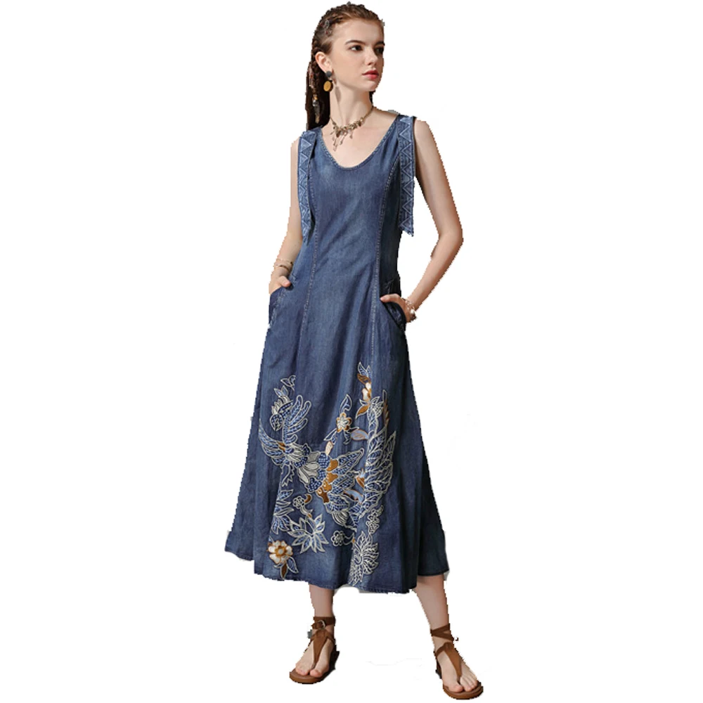 Винтажное стильное джинсовое платье без рукавов с круглым вырезом и вышивкой
