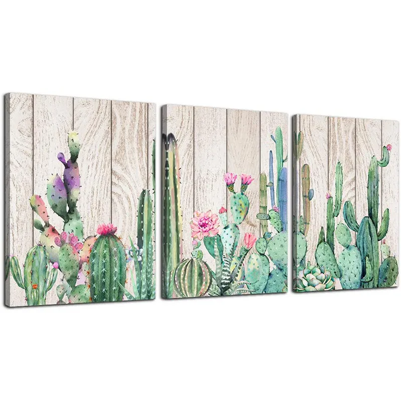 

Framed Canvas Wall Art for Living Room Artwork Green Plant Cactus Flower Wood Grain Painting 3 Pieces Modern Print Home Decor