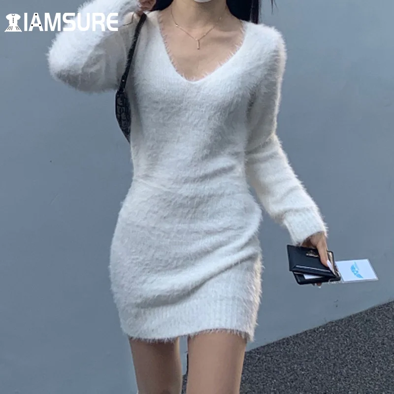 

IAMSURE Basic Solid Furry Knitted Dress Casual Slim V-Neck Long Sleeve Mini Dresses For Women 2021 Elegant Fashion Autumn Winter