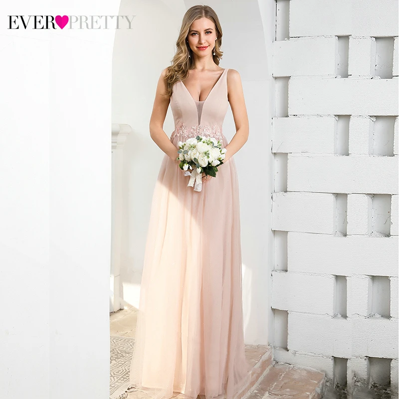 Элегантные розовые платья подружки невесты Ever Pretty A-Line с v-образным вырезом без