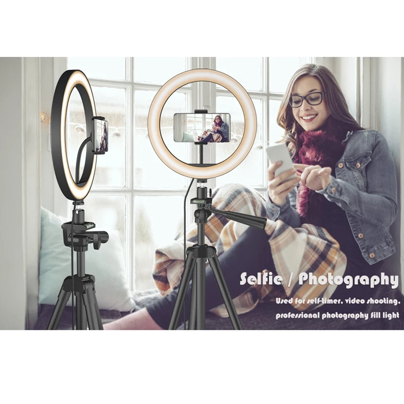 

10-Inch Ring Light with Tripod, 26cm Live Fill Light, Mobile Phone Selfie LED Light, Three-Speed Adjustment