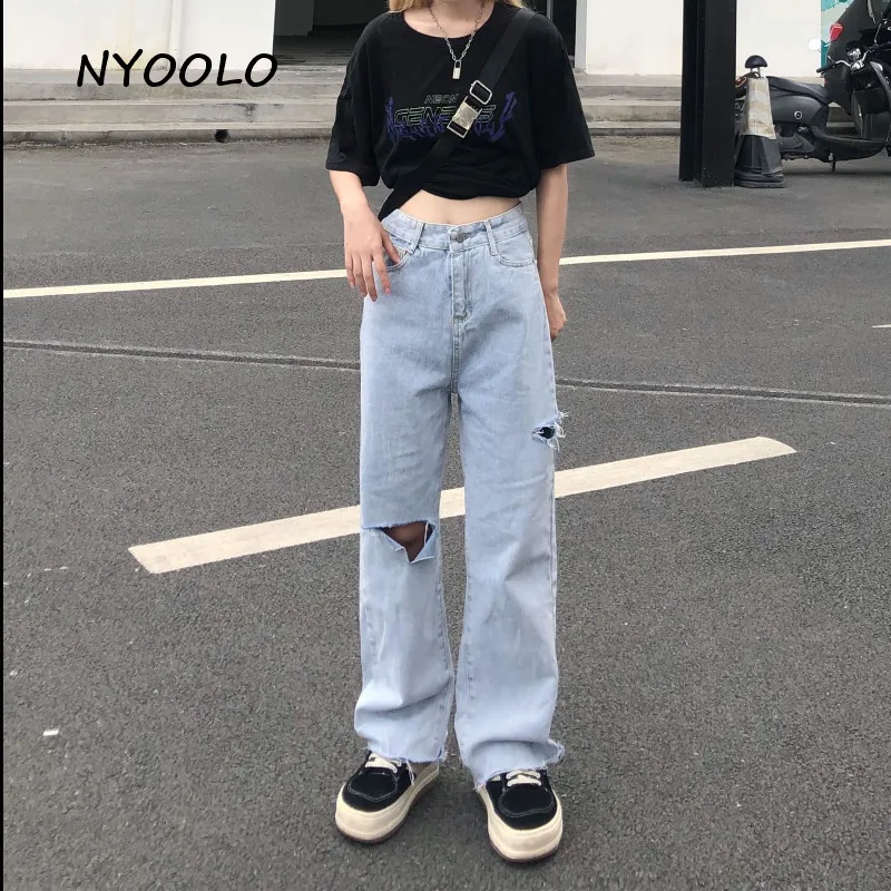 

NYOOLO Casual streetwear high waist destroyed hole washed Jeans women Harajuku loose straight denim pants women Overalls
