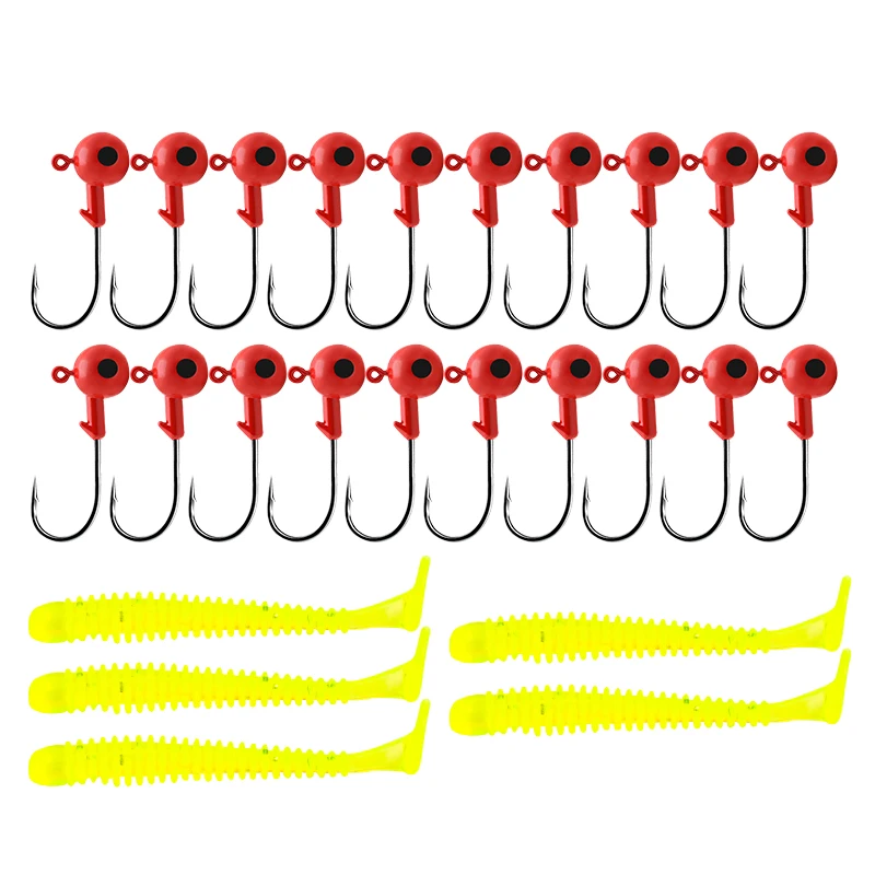 

25Pcs 2.5/3.5/5/7/10/14G Lead Head Hook with Aritificial Silicone Soft t Tail Lure Set Fishing Jig Head Hook Suit Barbs