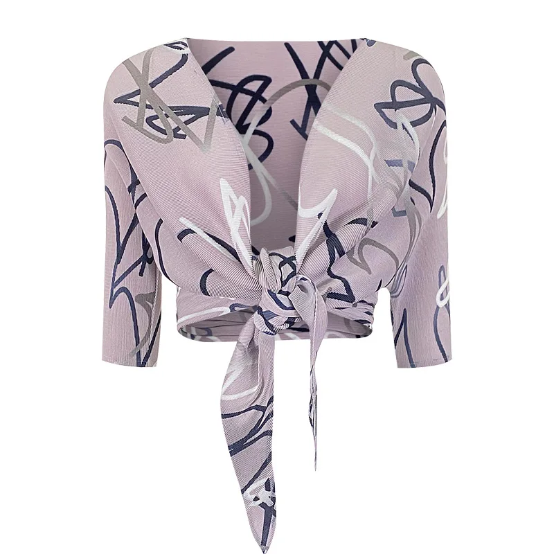 

TVVOVVIN 2021 Summer New Three Quarter Sleeve Print Thin Pleated Short Jacket Casual All-match Open-stitch Tops LR4E