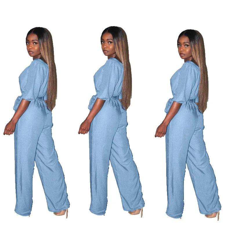 

Wholesale Hot Sale Summer Blue High Waist Straight Full Length Women's Jumpsuit Casual Femme Short Sleeve Sashes Overalls