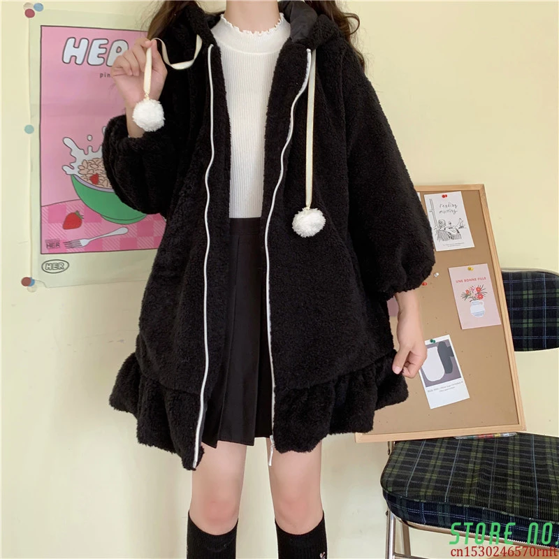 

Jacket Jacket Women Lolita Teddy Rabbit Ears Hooded Soft Girl Ruffle Faux Wool Coat Lambswool Plus Cotton Thick Outer New