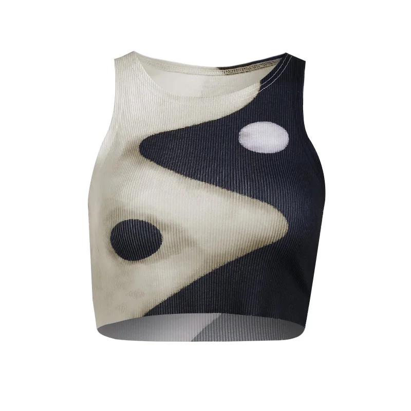 Camiseta corta de verano para mujer, Top corto de retales, Yin & Yang, Tai Chi, sin mangas, 2021