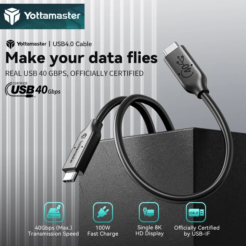 

Yottamaster USB4.0 Data Cable 40Gbps Type-C 8K Display Screen Projection Cable For Thunderbolt3 Device 100W Power Supply Cable