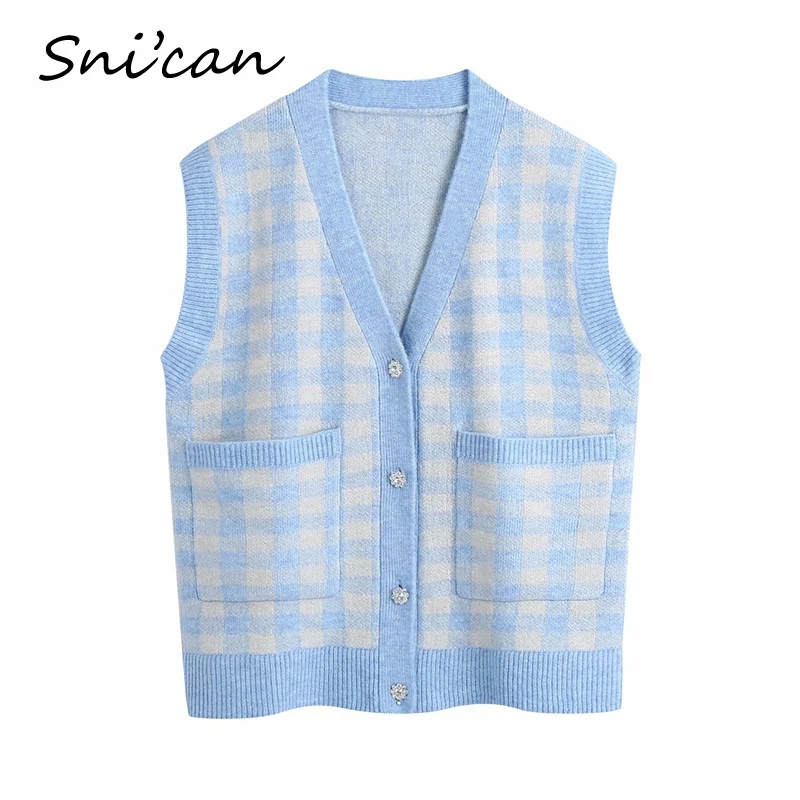 

Snican Spring Plaid Sweater Vest Za Top 2021 Women Jewelry Buttons Oversize Cardigan Ladies Gilet Hiver Femme Chandails Haut New