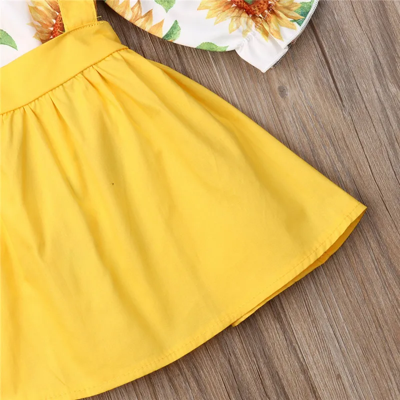 0-3 Years Baby Girls Clothes Set Sunflower Print Rompers White Yellow Sleeveless Strap Dress Suit Infant Outfits | Мать и ребенок