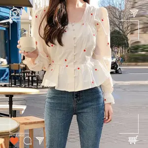 Короткий шикарный топ, Базовая рубашка с длинным рукавом, однобортная блузка на пуговицах, корейский стиль, женский топ с баской, на лето и осень