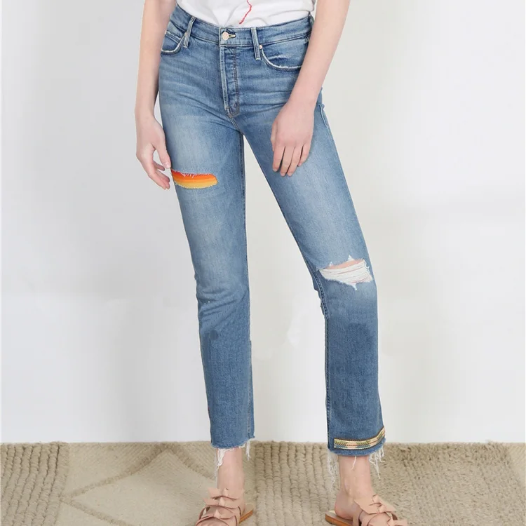 Женские джинсы с радужным принтом узкие модные прямые дырками новинка 2020 |