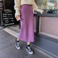high elastic waist women long skirt knitted pencil skirt wool autumn split skirts female black winter solid knitting one step