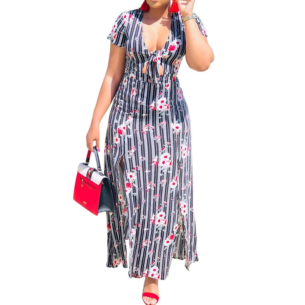 African Floral Print Sexy Long Dress Women Elegant Party Vintage Robe Gray Stripe Dinner Maxi Dresses Trips Casual Vestidos | Свадьбы и
