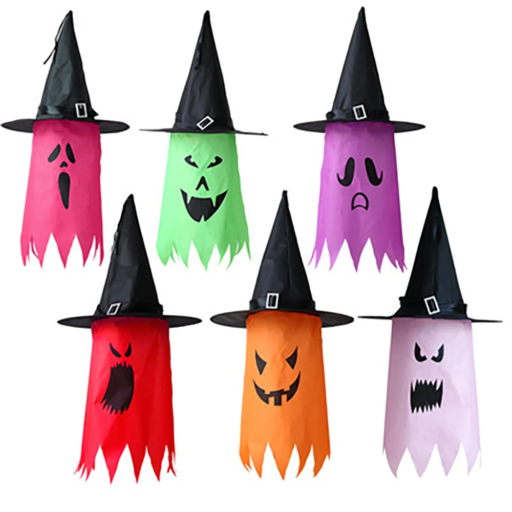 

6PCS Led Halloween Props Color Glowing Lights Venue Horror Atmosphere Layout Witch Hat Ghost Pendant Hotel Wedding Decoration